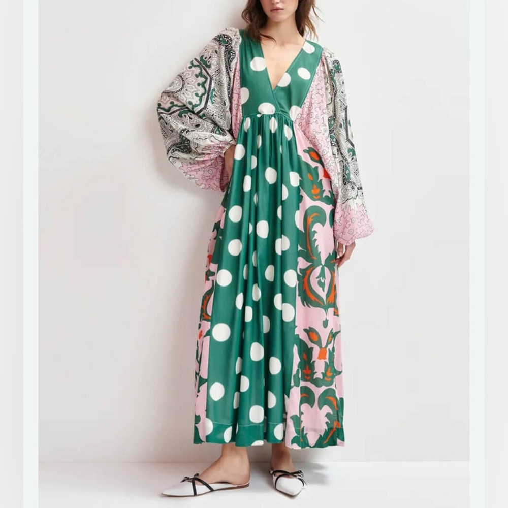 Essentiel Antwerp Green, multicolor print cotton blend boho maxi dress size M